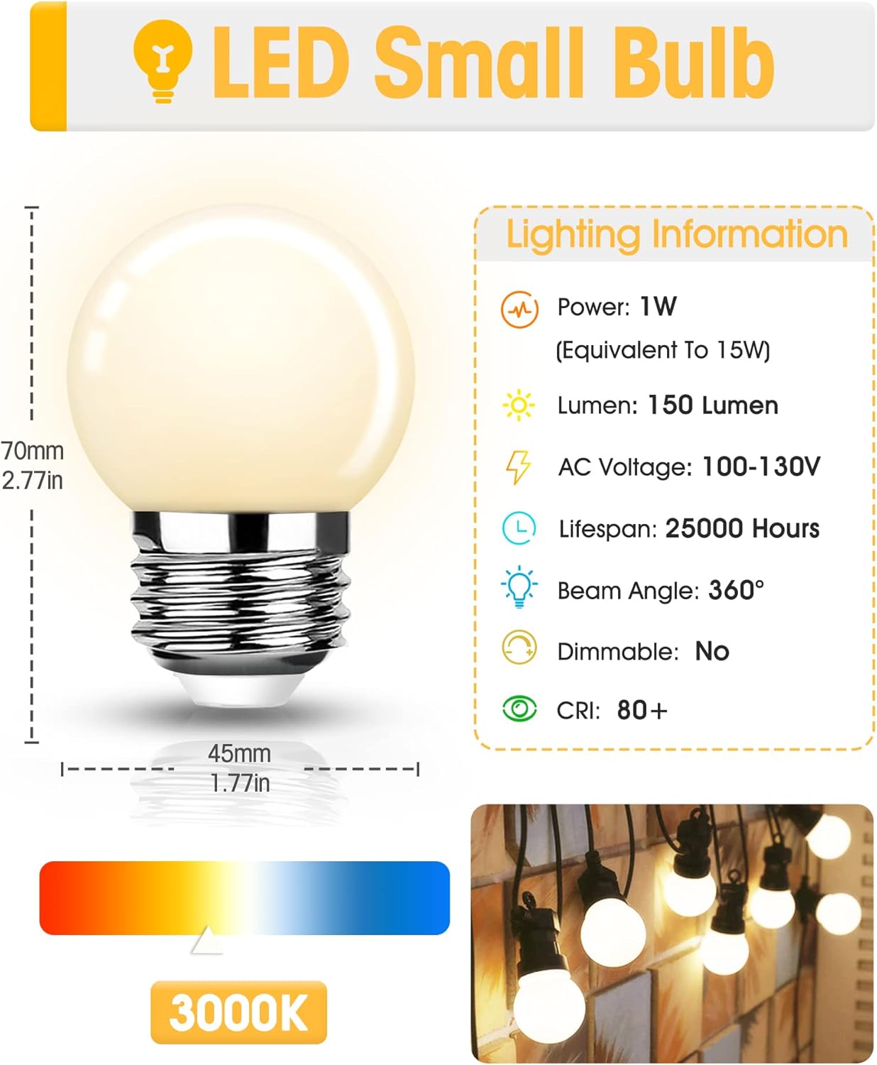 G14 LED Low Watt Light Bulbs, 15W Equivalent Small Globe Light Bulbs, 1W Soft White 3000K Small Night Light Bulbs for String Lights, Window Candle, Table Lamp, E26 Base, Non-dimmable, 6 Pack